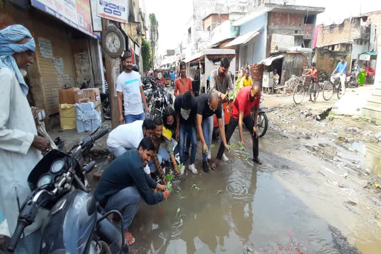 लोगों ने सड़क पर की धान की रोपाई