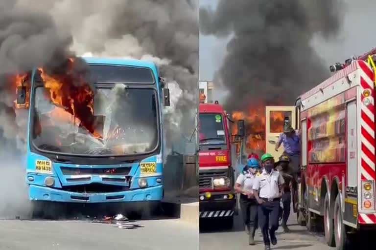 burning bus  പൂനെ തീപിടിത്തം  പൂനെ ബസ് തീപിടിത്തം  ബസിൽ തീപിടിത്തം  ഓടിക്കൊണ്ടിരുന്ന ബസിൽ തീപിടിത്തം  പൂനെയിൽ ഓടിക്കൊണ്ടിരുന്ന ബസിൽ തീപിടിത്തം  യാത്രക്കാരുടെ ജീവൻ രക്ഷിച്ച് ബസ് ഡ്രൈവർ  pmpml bus caught fire in pune  pmpml bus  PMPML  പി.എം.പി.എം.എൽ  പി.എം.പി.എം.എൽ ബസ്  പിഎംപിഎംഎൽ  പിഎംപിഎംഎൽ ബസ്  ബസ് അപകടം  പൂനെ ബസ് അപകടം  bus caught fire  bus burning  bus fire  pune bus fire  പിംപ്രി-ചിഞ്ച്‌വാഡ്  Pimpri-Chinchwad  pmpri chinchwad