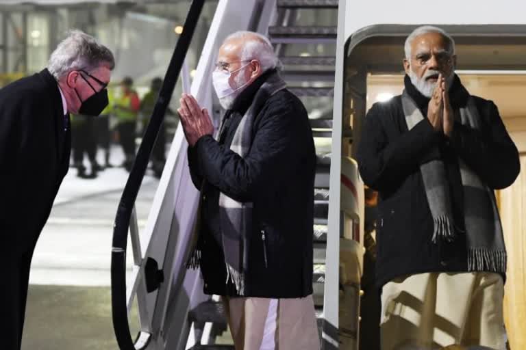 Narendra Modi  Glasgow  Narendra Modi arrived in Glasgow  ബ്രിട്ടീഷ് പ്രധാനമന്ത്രി  പ്രധാനമന്ത്രി  യു.കെ  യു.എന്‍ കാലാവസ്ഥ ഉച്ചകോടി