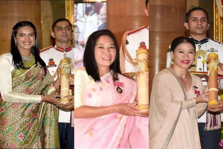 Boxer Mangte Chungneijang Mary Kom, Former Football captain bembem devi and Shuttler PV sindhu  receives Padma Awards President Ram Nath Kovind at Rashtrapati Bhavan