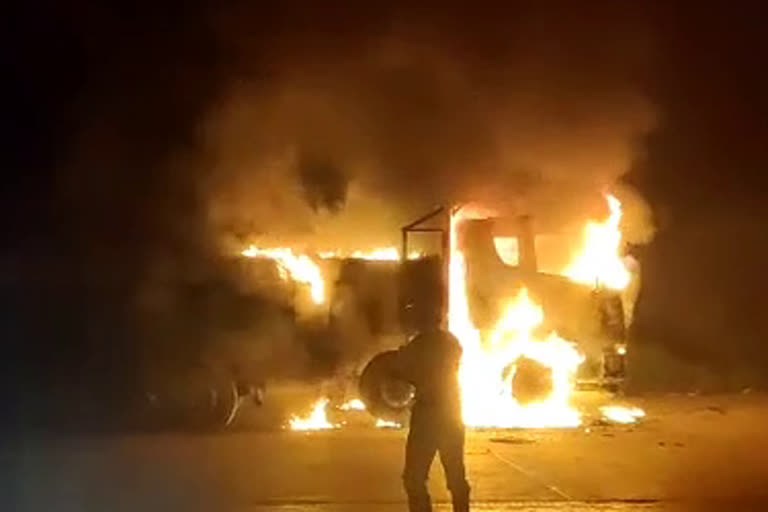 a lorry burned at kagita toll plaza