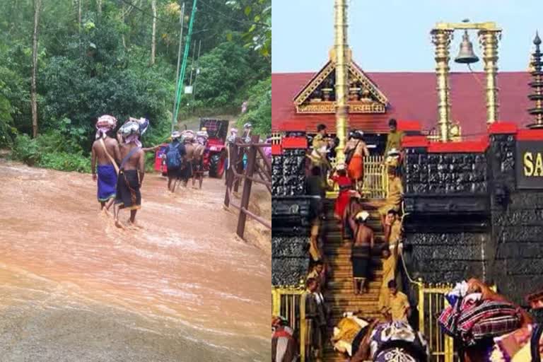 red alert in pamba  heavy rain sabarimala  sabarimala pilgrimage 2021  no entry for devotees today at sabarimala  sabarimala red alert  പമ്പാ നദിയില്‍ ജലനിരപ്പ്‌ ഉയരുന്നു  ശബരി മലയില്‍ ഇന്ന്‌ പ്രവേശനമില്ല  ശബരി മല തീര്‍ഥാടനം  പമ്പയില്‍ റെഡ്‌ അലര്‍ട്ട്‌  റെഡ്‌ അലര്‍ട്ട്‌ ശബരിമല