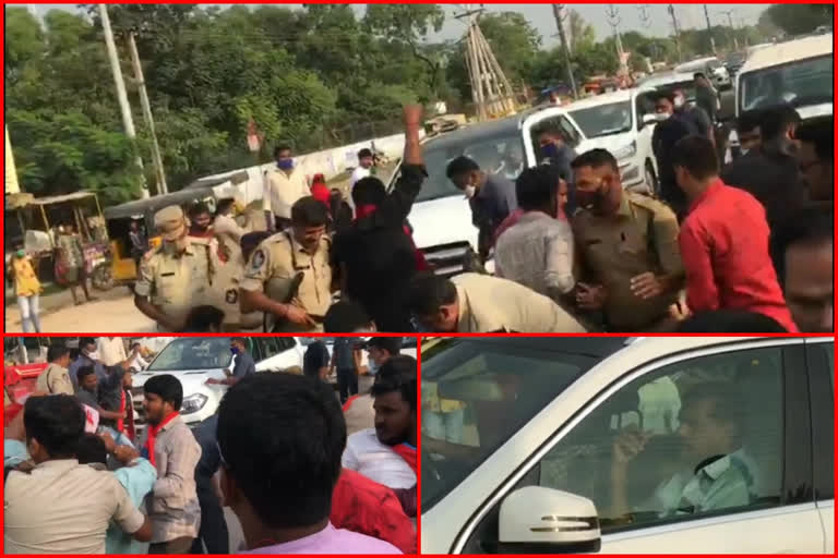 minister botsa satyanarayana convoy blocked by student union leaders at ananthapuram