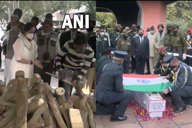 General Bipin Rawat last rites  Last rites of first CDS of country  last yatra of Gen Bipin Rawat news  ജനറല്‍ ബിപിന്‍ റാവത്തിന്‍റെ സംസ്കാരം നടത്തി  ആദ്യ ഡിഫന്‍സ് ചീഫിന് യാത്രാമൊഴി  മധുലിക റാവത്തിന്‍റെ സംസ്കാരം നടത്തി  സിഡിഎസിന് അന്ത്യയാത്ര  സര്‍ദ്ദാര്‍ പട്ടേല്‍ മാര്‍ഗ്