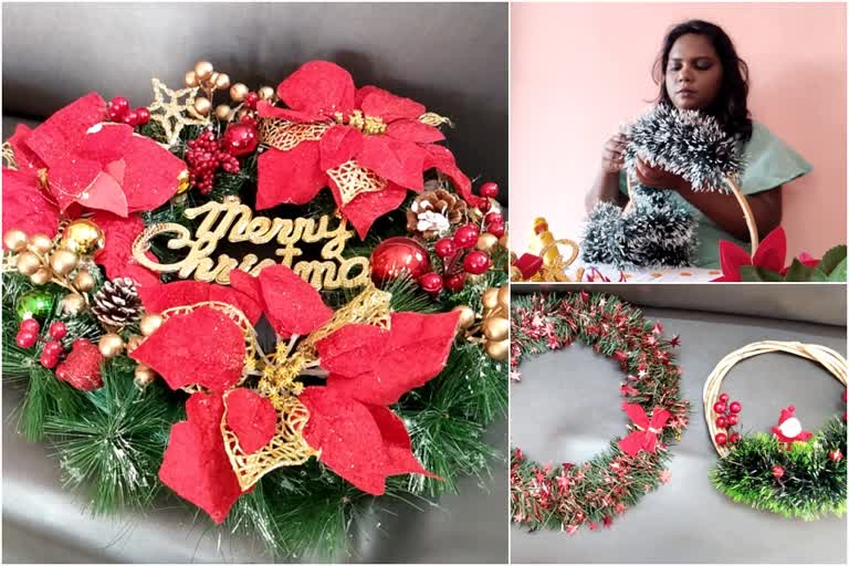 christmas wreath making  woman makes christmas wreath in kottyam  ക്രിസ്‌മസ് റീത്ത് നിര്‍മാണം  ക്രിസ്‌മസ് റീത്ത് നിര്‍മാണം കോട്ടയം സ്വദേശി  കീഴുക്കുന്ന് ക്രിസ്‌മസ് റീത്ത്