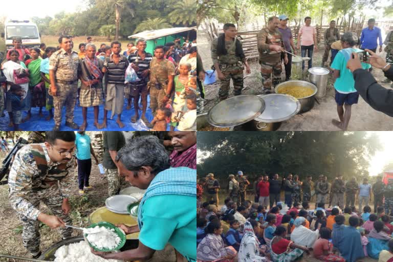 Soldiers serving food to villagers and Naxalites in Sukma