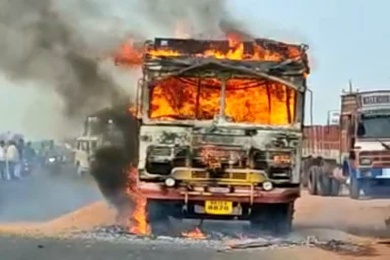 Lorry Catches Fire in Hubli