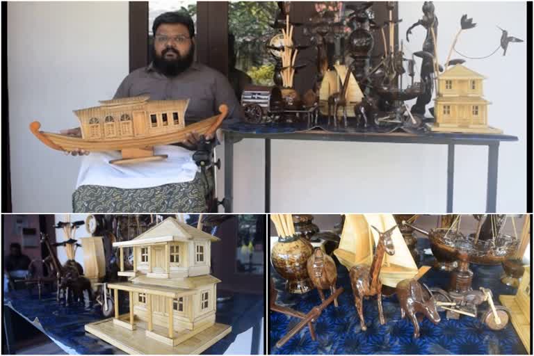 Perumattam native Sunil is ready to sell his handicraft  Physically handicapped Sunil Perumattam  Physically Chalanged Kanjirampara Sunil  പെരുമറ്റം സ്വദേശി കാഞ്ഞിരമ്പാറ സുനിൽ  കരകൗശല വസ്തുക്കള്‍ വില്‍ക്കാനൊരുങ്ങി സുനില്‍  തന്‍റെ വീല്‍ ചെയറിലിരുന്ന് അതിജീവിച്ച് പെരുമറ്റം സ്വദേശി കാഞ്ഞിരമ്പാറ സുനിൽ