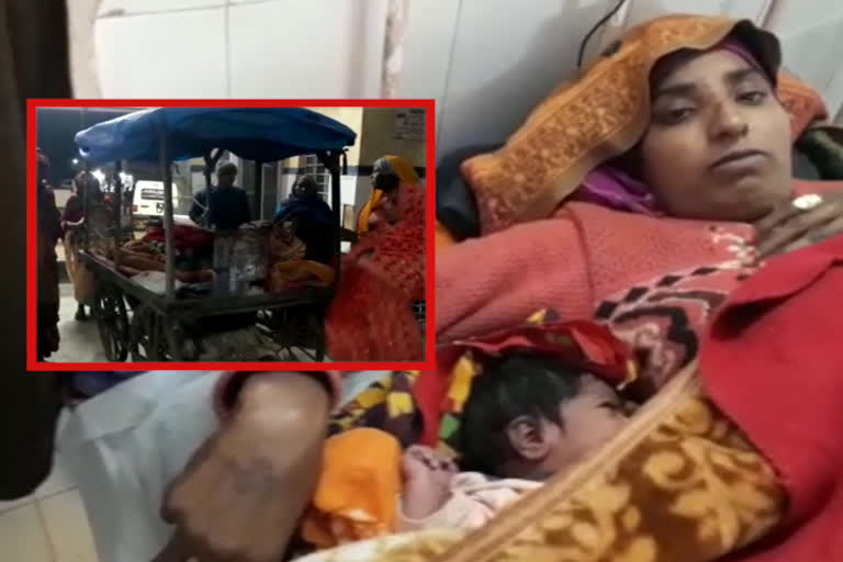 woman gives birth to baby on hand cart
