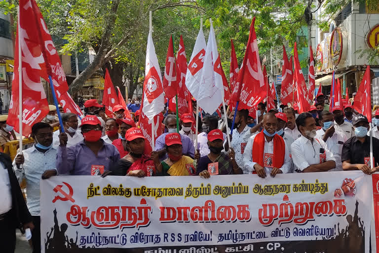 governor rejection of neet bill  communist party protest  Communist Party demand stalin to hold strike  full strike across Tamil Nadu  முழு வேலை நிறுத்தம் கேட்ட கம்யூனிஸ்ட் கட்சி  கம்யூனிஸ்ட் கட்சி  முதலமைச்சரிடம் கம்யூனிஸ்ட் கட்சியினர் கோரிக்கை  நீட் தேர்வு விலக்கு மசோதாவை திருப்பி அனுப்பிய ஆளுநர்  நீட் தேர்வு விலக்கு மசோதா
