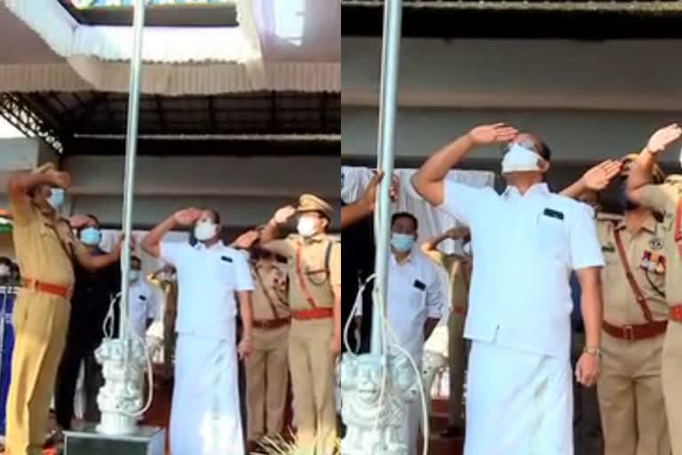 hoists the national flag upside down action against policemen  minister ahmed devarkovil hoists the national flag  hoists the national flag upside down  ദേശീയ പതാക തലകീഴായി ഉയർത്തി മന്ത്രി അഹമ്മദ് ദേവർകോവിൽ  ദേശീയ പതാക തലകീഴായി ഉയർത്തി പൊലീസുകാർക്കെതിരെ നടപടി  റിപ്പബ്ലിക് ദിനാഘോഷം ദേശീയ പതാക