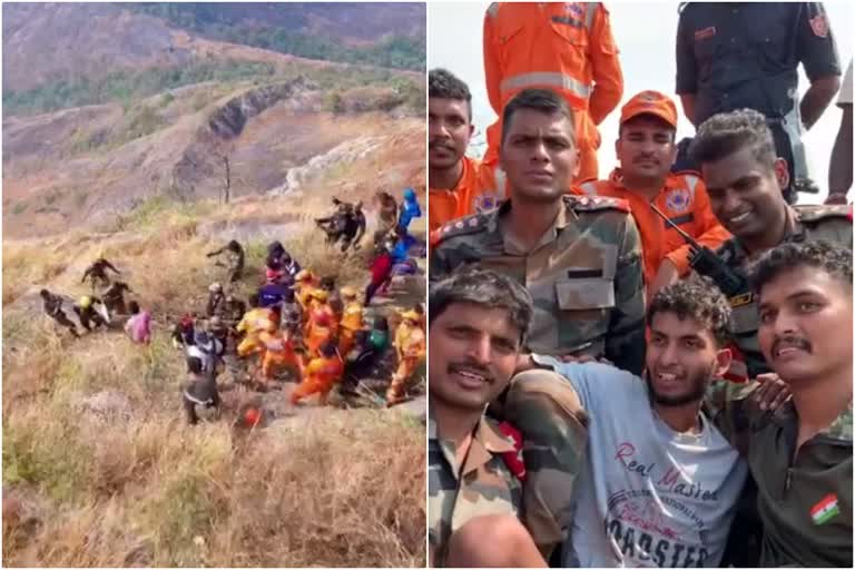 trekker trapped in palakkad hill cleft  army rescued youth trapped in hill  recue mission in cherad hill  ചെറാട് രക്ഷാദൗത്യം  ചെറാട് മലയില്‍ കുടുങ്ങി യുവാവ്  യുവാവിനെ രക്ഷിച്ച് സൈന്യം  ചെറാട് രക്ഷാ ദൗത്യം  ചെറാട് രക്ഷാ ദൗത്യം സൈന്യം  ബാബുവിനെ രക്ഷിച്ചു