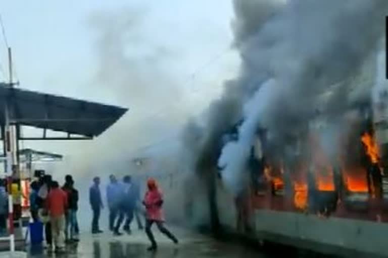 Fire breaks out in an empty train at Madhubani railway station in Bihar