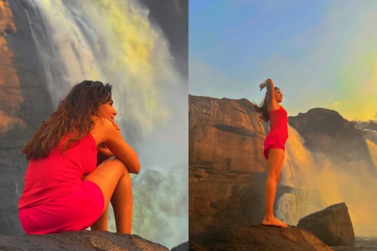 samantha in kerala  samantha at Athirappilly falls  samantha meditates at Athirappilly falls  samantha latest news  samantha travel diaries  സാമന്ത കേരളത്തിൽ  സാമന്ത കേരളം ബന്ധം  സാമന്ത അതിരപ്പിള്ളി വെള്ളച്ചാട്ടം  വെള്ളച്ചാട്ടത്തിൽ ധ്യാനം ചെയ്‌ത് സാമന്ത  ചുവപ്പ് വസ്ത്രത്തിൽ ഗ്ലാമറസായി സാമന്ത