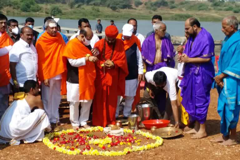 Chief Minister Basavaraj Bommai participated in the 'shilanyas' or foundation stone laying ceremony for 108 'mandaps' for the Tunga Aarti