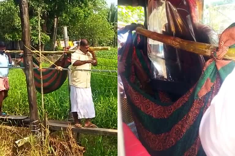 Kuttanad Neelamperur people suffering because of no footbridge  paralyzed old woman taken to the hospital by laid in a bamboo stick and cloth  കുട്ടനാട് നീലംപേരൂർ നടപ്പാലം  പക്ഷാഘാതം സംഭവിച്ച വൃദ്ധയെ ആശുപത്രിയിൽ എത്തിച്ചത് മുളയിൽ തുണികെട്ടി  പതിനഞ്ചിൽചിറ നടപ്പാലമില്ല  ആലപ്പുഴ നടപ്പാലം വാർത്ത  alappuzha nadappalam news