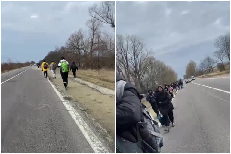 A group of around 40 Indian medical students of Daynlo Halytsky Medical University, Lviv walk towards the Ukraine-Poland border for evacuation.