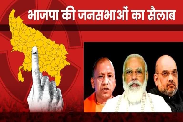 CM Yogi PM Modi and Amit Shah held fierce rallies in Uttar pradesh  lucknow latest news  etv bharat up news  UP Assembly Election 2022  Uttar Pradesh Assembly Election 2022  UP Election 2022 Prediction  UP Election Results 2022  UP Election 2022 Opinion Poll  UP 2022 Election Campaign highlights  UP Election 2022 live  UP Election 2022 Prediction  UP Election Results 2022  UP Assembly Elections 2022  UP Election 2022  UP Assembly Elections 2022  यूपी का सियासी रण 2022  UP Elections 2022  CM योगी ने की 200 से अधिक रैलियां  PM मोदी की 31  शाह की 61 जनसभा  CM Yogi PM Modi  Amit Shah held fierce rallies  rallies in Uttar pradesh  मुख्यमंत्री योगी आदित्यनाथ  विधानसभा चुनाव 2022  उपमुख्यमंत्री डॉ. दिनेश शर्मा  उपमुख्यमंत्री केशव प्रसाद मौर्य  केंद्रीय गृहमंत्री अमित शाह  सात चरणों में निर्धारित यूपी चुनाव  सीएम योगी आदित्यनाथ  पीएम मोदी के लाल टोपी  यूपी विधानसभा चुनाव 2022  प्रधानमंत्री नरेंद्र मोदी  मुख्यमंत्री योगी आदित्यनाथ