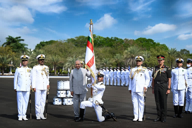 President of India presents presidents colour to INS Valsura