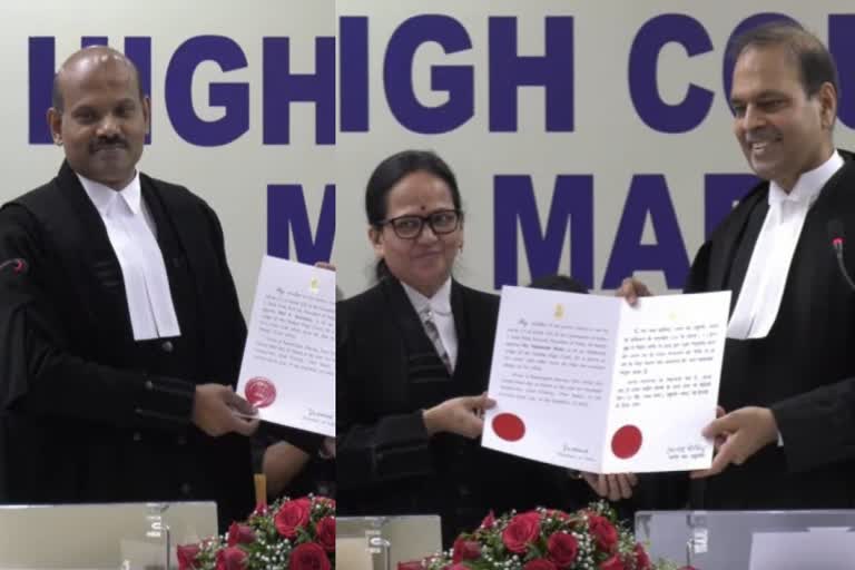 chennai high court Newly appointed judges swearing ceremony  தலைமை நீதிபதி முனீஸ்வர் நாத் பண்டாரி பதவிப் பிரமாணம் செய்துவைத்தார் Newly appointed judges take oath as additional Judge of madras high court  சென்னை உயர் நீதிமன்றத்தின் கூடுதல் நீதிபதிகளாக மாலா மற்றும் சவுந்தர் பதவியேற்றுக் கொண்டனர்