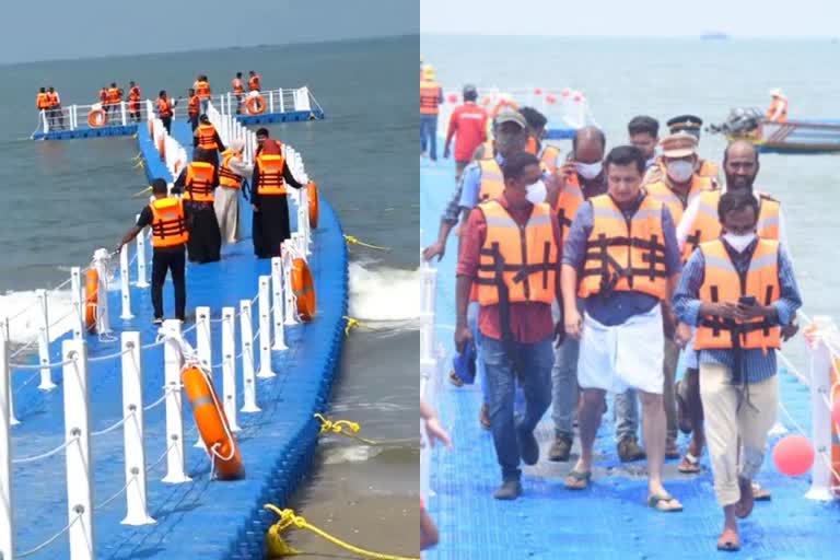 floating bridge at beypore Marina beach  floating bridge in kerala  tourism department kerala kozhikode  ഫ്ലോട്ടിങ് ബ്രിഡ്‌ജ്  ഒഴുകുന്ന പാലം കോഴിക്കോട് ബേപ്പൂർ  ബേപ്പൂർ മറീന ബീച്ച്