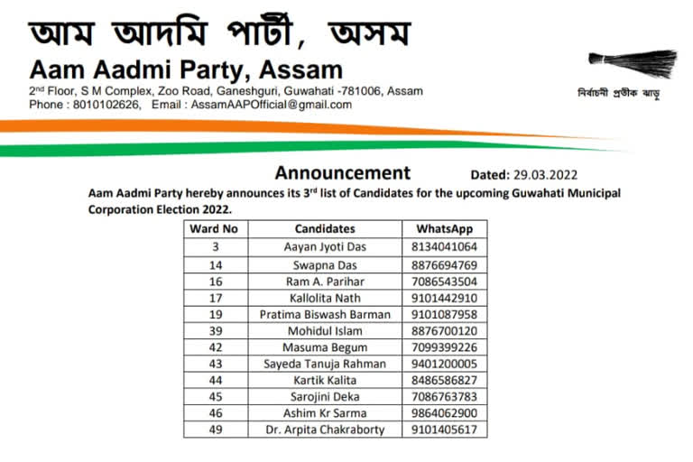 aap declare 3rd list of candidate