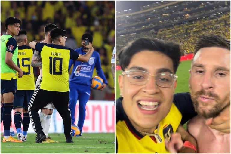 Messi unhappy pitch invader forcibly grabs take selfie  കഴുത്തിൽ ചുറ്റിപ്പിടിച്ച് ആരാധകന്‍റെ സെൽഫി; കുതറി മാറി സൂപ്പർതാരം  സുരക്ഷാ പാളിച്ചയില്‍ അര്‍ജന്റൈന്‍ ഇതിഹാസം തൃപ്തനല്ലെന്ന് വ്യക്തമാണ്  messi is not satisfied with the security breach  lionel messi  Ecuador fan selfie with messi  messi selfie incident with pitch invader