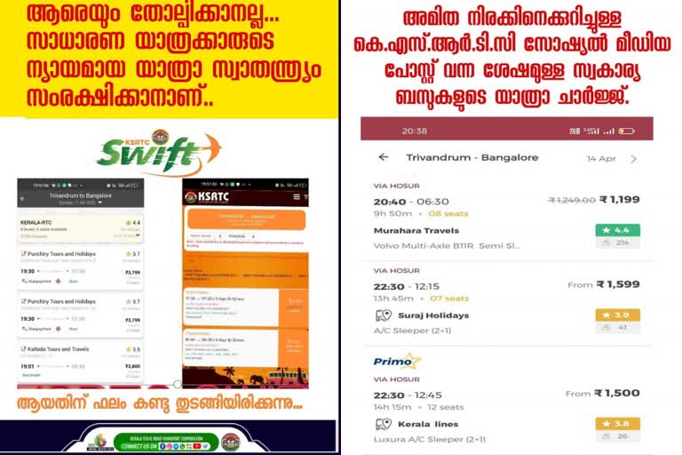 ksrtc swift service  ksrtc against private bus service  private bus rate in kerala  കെഎസ്ആർടിസി സ്വിഫ്റ്റ് സർവീസ്  k swift  കെ സ്വിഫ്റ്റ്