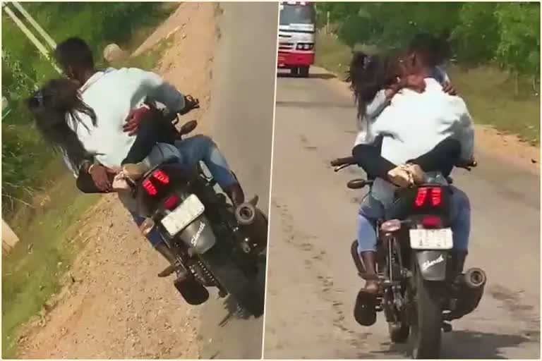 girl Sitting on the bike tank in chamarajanagara