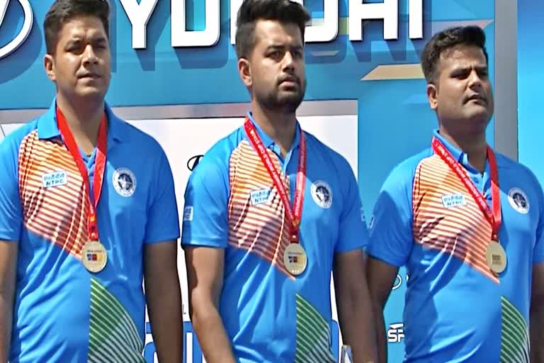 Archery World Cup  Rajat Chauhan  Abhishek Verma  Aman Saini  Archery compound team Win gold  Sports News  अभिषेक वर्मा  रजत चौहान  अमन सैनी  भारतीय पुरुष कंपाउंड तीरंदाजी टीम  तीरंदाजी विश्व कप  स्वर्ण पदक