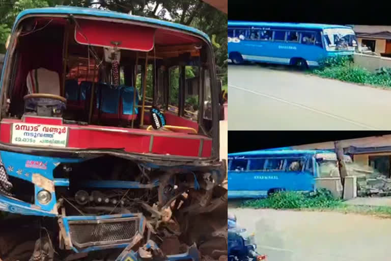 malappuram vandoor bus accident  ബസ് നിയന്ത്രണം വിട്ട് മതിലിടിച്ച് അപകടം  വണ്ടൂരിൽ ബസ് നിയന്ത്രണം വിട്ട് മതിലിടിച്ചു  മെയിൻ ലീഫ് പൊട്ടി ബസ് മതിലിൽ ഇടിച്ചു  മലപ്പുറത്ത് ബസ് അപകടം  bus accident at malappuram