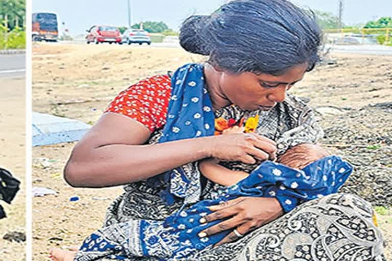 Beggar feeds the months baby