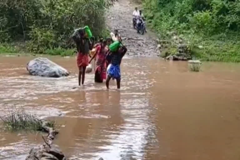 பாலம் இல்லாததால் ஆபத்தான நிலையில் பள்ளத்தை கடக்கும் மக்கள்