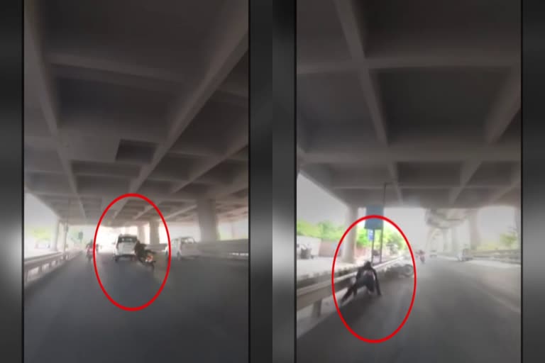 Car driver hits biker after verbal spat in Delhi  Biker  Hit and Run  Four wheeler  Delhi  Arjan Garh Metro station  Gurugram  ബൈക്ക് യാത്രികനെ ഇടിച്ച് തെറിപ്പിച്ച് കാര്‍ ഡ്രൈവര്‍  ന്യൂഡല്‍ഹി  കാര്‍ ഡ്രൈവര്‍  കാര്‍ ഡ്രൈവറുടെ വാക്ക് തര്‍ക്കം  ബൈക്ക് യാത്രികനെ ഇടിച്ച് തെറിപ്പിച്ച് കാര്‍ ഡ്രൈവര്‍