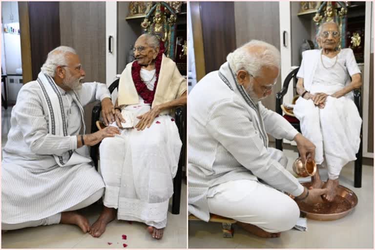 Prime Minister Narendra Modi met his mother Heeraben Modi on her birthday at gandhi nagar