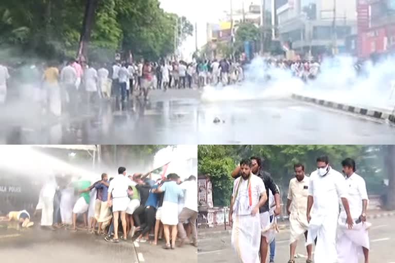 Massive tension in Youth Congress Secretariat march  clash in Youth Congress Secretariat march  തലസ്ഥാനത്ത് തെരുവുയുദ്ധം  യൂത്ത് കോണ്‍ഗ്രസ് സെക്രട്ടേറിയറ്റ് മാര്‍ച്ചില്‍ വൻ സംഘര്‍ഷം  സ്വര്‍ണക്കടത്ത് കേസ് മുഖ്യമന്ത്രിക്കെതിരെ പ്രതിഷേധം  മുഖ്യമന്ത്രി പിണറായി വിജയനെതിരെ കോൺഗ്രസ് പ്രതിഷേധം  മുഖ്യമന്ത്രിയുടെ രാജി ആവശ്യപ്പെട്ട് യൂത്ത് കോണ്‍ഗ്രസ് മാർച്ച്  Youth Congress march demanding resignation of CM  Youth Congress Secretariat march against pinarayi vijayan  dispute over Youth Congress Secretariat march