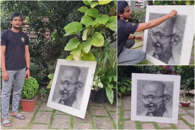 Faiz created a portrait of Mahatma Gandhi in string art  string art  സ്ട്രിങ് ആർട്ടിൽ വിസ്‌മയിപ്പിച്ച് ഫായിസ്  നൂലും മുള്ളാണിയും ഉപയോഗിച്ച് ഗാന്ധിയുടെ ചിത്രം നിർമ്മിച്ച് ഫായിസ്  സ്ട്രിങ് ആർട്ടിൽ ഗാന്ധിയുടെ ചിത്രം തീർത്ത് ഫായിസ്  string art handcrafted painting of gandhiji  സ്ട്രിങ് ആർട്ട്