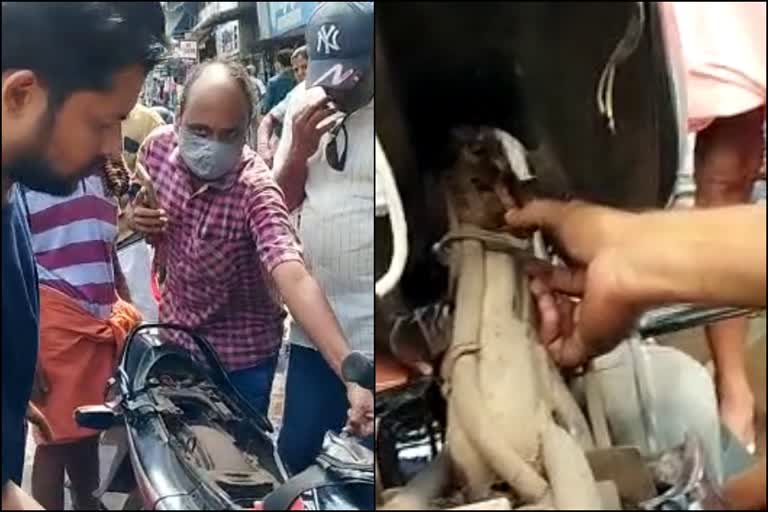 snake on the parked motor bike in koothuparamba  കൂത്തുപറമ്പില്‍ നിര്‍ത്തിയിട്ട മോട്ടോര്‍ ബൈക്കില്‍ പാമ്പ്  കൂത്തുപറമ്പ് ബസ്‌ സ്റ്റാൻഡിന് സമീപം നിര്‍ത്തിയിട്ട ബൈക്കില്‍ പാമ്പ്  Kuthuparamba kannur todays news  കൂത്തുപറമ്പ് കണ്ണൂര്‍ ഇന്നത്തെ വാര്‍ത്ത