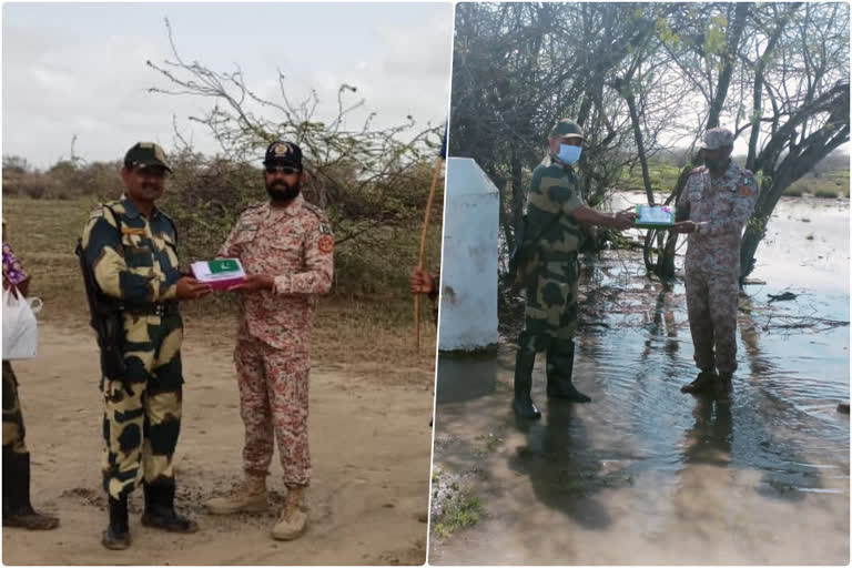 BSF  Pakistan Rangers exchange sweets at Indo-Pak border on eve of Eid Al-Adha  indo pak border  Eid Al Adha celebration at indo pak international border  ഇന്ത്യ പാക് അന്താരാഷ്‌ട്ര അതിര്‍ത്തി  പാകിസ്ഥാന്‍ റേഞ്ചേഴ്‌സ്  ബിഎസ്എഫ്  ബലിപെരുന്നാള്‍ ആഘോഷം