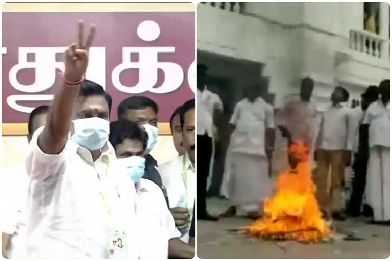 Clash outside AIADMK headquarters in TN  supporters of party leaders E Palaniswami  O Panneerselvam burn posters and banners  TamilNadu AIADMK party news  ತಮಿಳುನಾಡಿನ ಏಕ ನಾಯಕತ್ವದ ಕೂಗು  ಸಭೆಗೆ ಹೈಕೋರ್ಟ್​ ಗ್ರೀನ್​ ಸಿಗ್ನಲ್  ಎಐಎಡಿಎಂಕೆ ಕಾರ್ಯಕರ್ತ ಮಧ್ಯೆ ಕಲ್ಲು ತೂರಾಟ  ತಮಿಳುನಾಡು ಸುದ್ದಿ