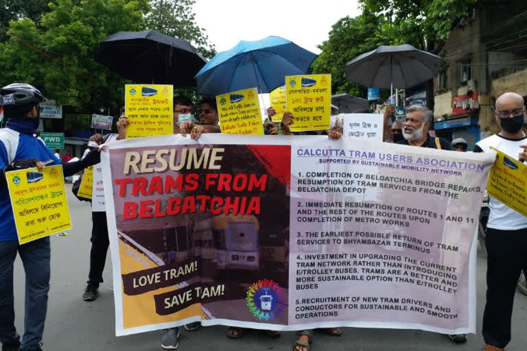 procession from Belgachia to Shyambazar in demand of resume Kolkata Tram Service