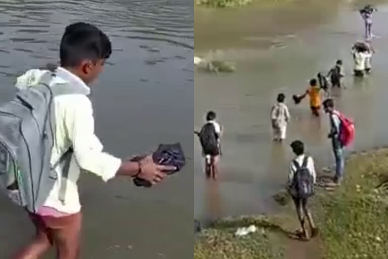 Students reach school taking risks by crossing Water Course without bridge  undeveloped raichur school students crossing river  നിത്യവും നദി കുറുകെ നടന്ന് കര്‍ണാടകയിലെ ഒരുകൂട്ടം വിദ്യാര്‍ഥികള്‍