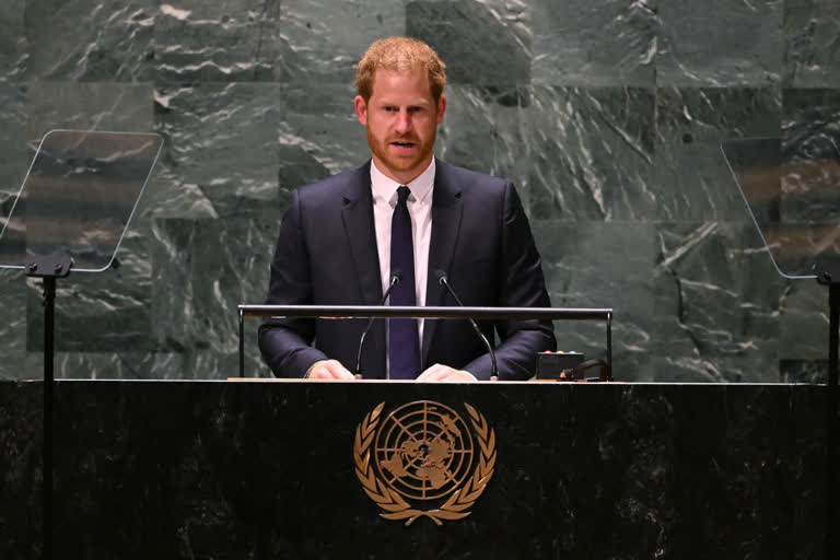 Prince Harry, Duke of Sussex, delivers the keynote address during the 2020 UN Nelson Mandela Prize award ceremony at the United Nations in New York on July 18, 2022. The Prize is being awarded to Marianna Vardinoyannis of Greece and Doctor Morissanda Kouyate of Guinea.