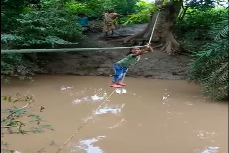 Children Cross river and go to School with help of rope