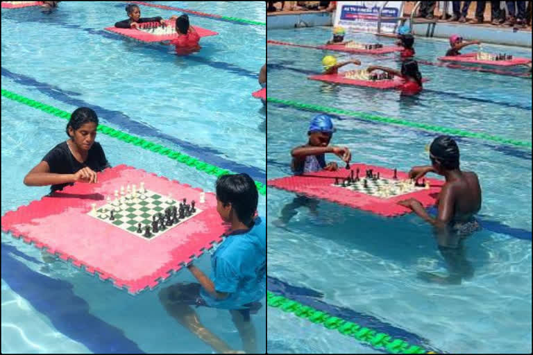 Chess played in swimming pool  Different kind of awareness creates attention  ചെസ്‌ ഒളിമ്പ്യാഡ് ജൂലൈ 28 ന് ആരംഭിക്കും  മഹാബലിപുരത്ത് കഴുത്തറ്റം വെള്ളത്തില്‍ കുട്ടികളുടെ ചെസ്‌ മത്സരം  chennai chess olympiad 2022  chennai chess olympiad 2022 Chess played in swimming pool