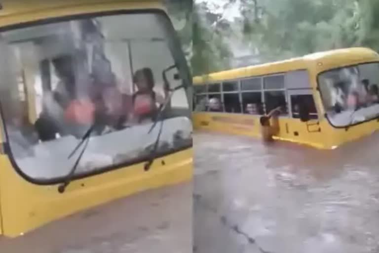 bus carrying students gets stuck on flooded road