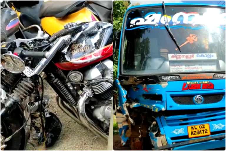 youth died in road accident Kollam  Kollam Road accident  accident news from kollam  kollam anchal aayur road accident  കൊല്ലത്ത് സ്വകാര്യ ബസും ബൈക്കും കൂട്ടിയിടിച്ച് യുവാവ് മരിച്ചു  അഞ്ചൽ ആയൂർ റോഡില്‍ അപകടം  കൊല്ലത്ത് സ്വകാര്യ ബസും ബൈക്കും കൂട്ടിയിടിച്ച് വെളിയം സ്വദേശി അരുണ്‍ മരിച്ചു