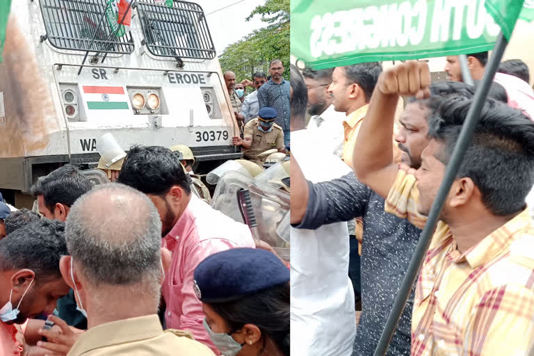 Sonia Gandhi ED questioning kozhikode IYC Protest  Sonia Gandhi ED questioning  kozhikode IYC Protest  സോണിയക്കെതിരായ ഇഡി ചോദ്യം ചെയ്യല്‍  കോഴിക്കോട് ട്രെയിൻ തടഞ്ഞ് യൂത്ത് കോണ്‍ഗ്രസ് പ്രതിഷേധം