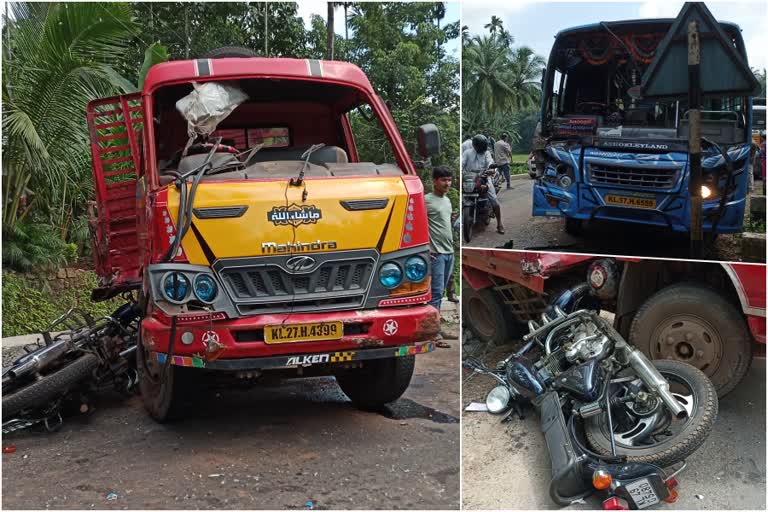 mavoor road accident latest  bus mini lorry bike collide in kozhikode  bus collide with mini lorry in mavoor  മാവൂര്‍ വാഹനാപകടം  കോഴിക്കോട് അപകടം പുതിയ വാര്‍ത്ത  മാവൂരിൽ ബസും മിനിലോറിയും കൂട്ടിയിടിച്ചു  ബസും മിനിലോറിയും ബൈക്കും കൂട്ടിയിടിച്ചു  കൊളക്കാടൻ ബസ് അപകടം