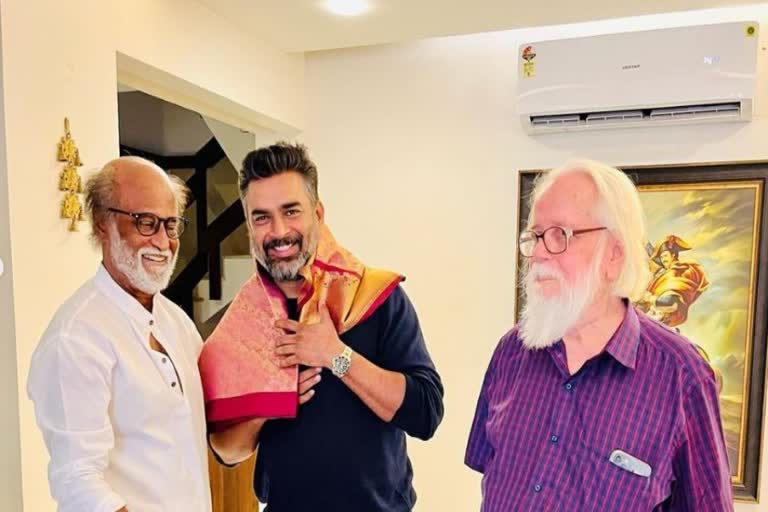 Madhavan meets Rajinikanth  Madhavan meets Nambi Narayanan  Madhavan latest news  Madhavan meets Rajinikanth  Rajinikanth with scientist Nambi Narayanan  Rajanikanth praises Madhavan  Rajanikanth praises Madhavan  Rajanikanth praises Rocketry  Madhavan about Rajanikanth  Madhavan blessed with Rajanikanth  കൊത്തിവച്ച നിമിഷമെന്ന് മാധവന്‍